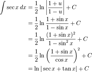 \begin{align}
\int \sec x\, dx
&=\frac{1}{2} \ln \left|\frac{1+u}{1-u}\right| + C\\
&=\frac{1}{2} \ln \frac{1+\sin x}{1-\sin x} + C\\
&=\frac{1}{2} \ln \frac{(1+\sin x)^2}{1-\sin^2 x} + C\\
&=\frac{1}{2} \ln \left(\frac{1+\sin x}{\cos x}\right)^2 + C\\
&=\ln|\sec x+\tan x|+C
\end{align}