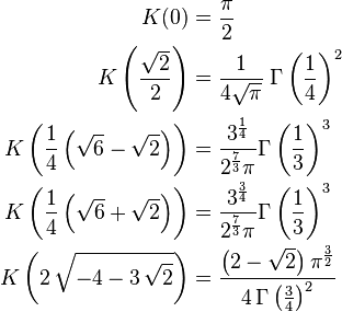 \begin{align}
 K(0) &= \frac{\pi}{2} \\
 K \left(\frac{\sqrt{2}}{2}\right) &= \frac{1}{4 \sqrt{\pi}} \;