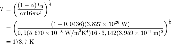 \begin{align}
T & = \left ( \frac{(1 - \alpha) L_0}{\epsilon \sigma 16 \pi a^2} \right )^{\frac{1}{4}} \\
  & = \left ( \frac{(1 - 0,0436) (3,827 \times 10^{26}\ \mbox{W})} {0,9 (5,670 \times 10^{-8}\ \mbox{W/m}^2\mbox{K}^4) 16 \cdot 3,142 (3,959 \times 10^{11}\ \mbox{m})^2} \right )^{\frac{1}{4}} \\
  & = 173,7\ \mbox{K}
\end{align}