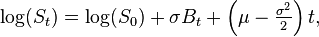 \log (S_t) = \log (S_0) + \sigma B_t-+ \left (\mu-\tfrac {
\sigma^2}
{
2}
\right) t,