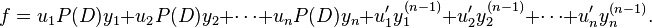 f=u_1P(D)y_1+u_2P(D)y_2+cdots+u_nP(D)y_n+u'_1y^{(n-1)}_1+u'_2y^{(n-1)}_2+cdots+u'_ny^{(n-1)}_n.