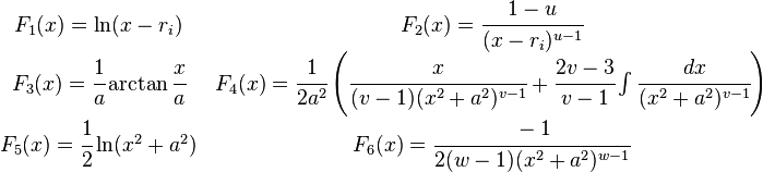 \begin{matrix}
F_1(x) = \ln(x-r_i) & F_2(x)= \cfrac{1-u}{(x-r_i)^{u-1}} \\
F_3(x) = \cfrac{1}{a}\arctan \cfrac{x}{a} & F_4(x) =
\cfrac{1}{2a^2}\left( \cfrac{x}{(v-1)(x^2+a^2)^{v-1}}
+ \cfrac{2v-3}{v-1} \int \cfrac{dx}{(x^2+a^2)^{v-1}} \right) \\
F_5(x) = \cfrac{1}{2}\ln(x^2+a^2) &
F_6(x) = \cfrac{-1}{2(w-1)(x^2+a^2)^{w-1}} \end{matrix}
