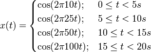 x(t)=\begin{cases}
\cos (2 \pi 10 t);  & 0  \le t < 5  s \\
\cos (2 \pi 25 t);  & 5  \le t < 10 s \\
\cos (2 \pi 50 t);  & 10 \le t < 15 s \\
\cos (2 \pi 100 t); & 15 \le t < 20 s \\
\end{cases}