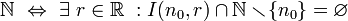 \mathbb N \ \Leftrightarrow\ \exists \ r \in \mathbb{R}\ : I(n_0, r)\cap \mathbb{N} \smallsetminus\! \left \{ n_0 \right \} = \varnothing 