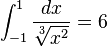 \int_{-1}^{1} \frac{dx}{\sqrt[3]{x^2}} = 6