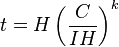 t = H \left(\frac{C}{I H}\right)^k