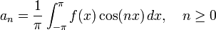 a_n = frac{1}{pi}int_{-pi}^pi f(x) cos(nx), dx, quad n ge 0