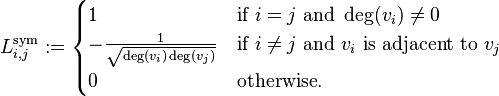 L^{\text{sym}}_{i,j}:=
\begin{cases}
1 & \mbox{if}\ i = j\ \mbox{and}\ \deg(v_i) \neq 0\\
-\frac{1}{\sqrt{\deg(v_i)\deg(v_j)}} & \mbox{if}\ i \neq j\ \mbox{and}\ v_i \mbox{ is adjacent to } v_j \\
0 & \mbox{otherwise}.
\end{cases}
