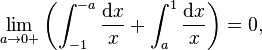 \lim_ {
a\rightarow 0+}
\left (\int_ {
- 1}
^ {
- a}
\frac {
\matrm {
d}
x}
{
x}
+\int_a^1\frac {
\matrm {
d}
x}
{
x}
\right) = 0,