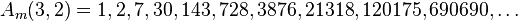 A_m (3,2) = 1, 2, 7, 30, 143, 728, 3876, 21318, 120175, 690690, \ldot'oj