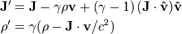 \begin{align}
\mathbf{J}' & =\mathbf{J}-\gamma \rho \mathbf{v} +\left( \gamma -1 \right)(\mathbf{J}\cdot \mathbf{\hat{v}})\mathbf{\hat{v}} \\
{\rho }' & =\gamma ( \rho - \mathbf{J}\cdot \mathbf{v}/c^2) 
\end{align}