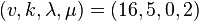 (v, k, \lambda, \mu) = (16, 5, 0, 2)