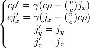 
\left\{
\begin{matrix}
c \rho'=\gamma(c \rho -(\frac{v}{c})j_x)\\
cj'_x=\gamma(j_x-(\frac{v}{c})c\rho)\\
j'_y=j_y\\
j'_z=j_z
\end{matrix}
\right.
