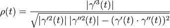 \rho(t) = \frac{|\gamma'^3(t)|}{\sqrt{|\gamma'^2(t)| \; |\gamma''^2(t)| - (\gamma'(t) \cdot \gamma''(t))^2}}