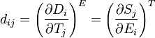 
d_{ij} = \left ( \frac{\partial D_i}{\partial T_j} \right )^E
 = \left ( \frac{\partial S_j}{\partial E_i} \right )^T
