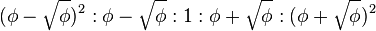 ({\phi -{\sqrt {\phi }}})^{2}:{\phi -{\sqrt {\phi }}}:1:{\phi +{\sqrt {\phi }}}:({\phi +{\sqrt {\phi }}})^{2}