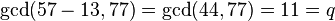 \gcd (57-13,77) = \gcd (44,77) = 11 = q