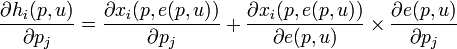  \frac{\partial h_i(p,u)}{\partial p_j} = \frac{\partial x_i(p,e(p,u))}{\partial p_j}  + \frac{\partial x_i (p,e(p,u))}{\partial e(p,u)} \times \frac{\partial e(p,u)}{\partial p_j}