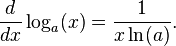  \frac{d}{dx}\log_a(x) = \frac{1}{x\ln(a)}.