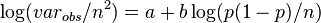 \log (var_ {
ob'oj}
/n^2) = + b \log (p (1 - p)/n)