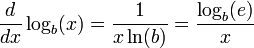 \frac{d}{dx} \log_b(x) = \frac{1}{x \ln(b)} = \frac{\log_b(e)}{x}