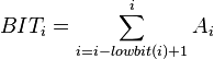 BIT_i=sum_{i=i-lowbit(i)+1}^{i}A_i