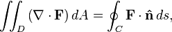 \int_D\left (\nabla\cdot\matbf {
F}
\right) dA=\oint_C \matbf {
F}
\cdot \matbf {
\hat n}
'\' 