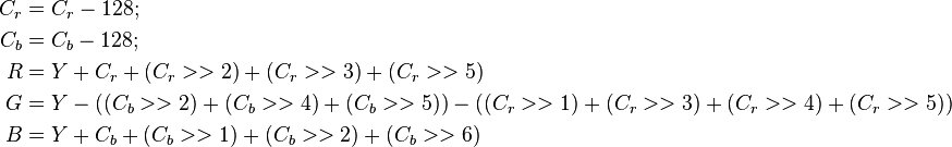 \begin{align}
 C_r &= C_r - 128; \\
 C_b &= C_b - 128;