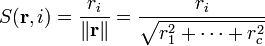 S(\mathbf{r},i) = \frac{r_i}{\lVert \mathbf{r} \rVert} = \frac{r_i}{\sqrt{r_1^2 + \cdots + r_c^2}}