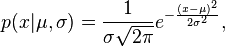 p(x| \mu, \sigma) = \frac{1}{\sigma \sqrt{2\pi} } e^{ -\frac{(x-\mu)^2}{2\sigma^2} },