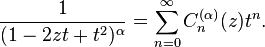 
\frac{1}{(1-2zt+t^2)^\alpha}=\sum_{n=0}^\infty C_n^{(\alpha)}(z) t^n.
