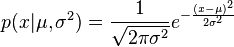 p(x|\mu,\sigma^2) = \frac{1}{\sqrt{2\pi\sigma^2}} e^{-\frac{(x-\mu)^2}{2\sigma^2}}