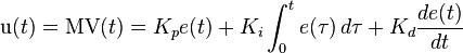 \mathrm{u}(t)=\mathrm{MV}(t)=K_p{e(t)} + K_{i}\int_{0}^{t}{e(\tau)}\,{d\tau} + K_{d}\frac{de(t)}{dt}