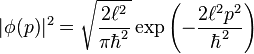 |\phi(p)|^2 = \sqrt{\frac{2 \ell^2}{\pi \hbar^2}} \exp{\left( -\frac{2\ell^2 p^2}{\hbar^2}\right)}