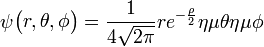 \psi \begin{pmatrix} r, \theta, \phi \end{pmatrix} = \frac{1}{4 \sqrt{2 \pi}} re^{- \frac{\rho}{2}} \eta \mu \theta \eta \mu \phi 