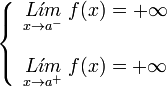 
   \left \{
   \begin{array}{l}
      \underset{x \to {a}^{-}}{L \acute{\imath}m} \; f(x) = + \infty \\ \\
      \underset{x \to {a}^{+}}{L \acute{\imath}m} \; f(x) = + \infty
   \end{array}
   \right .
