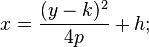 x =\frac{(y - k)^2}{4p} + h;\ \,