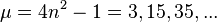 \mu = 4 n^2 - 1 = 3, 15, 35, ...