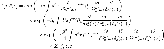 \begin{align}
Z[j,\bar\varepsilon,\varepsilon] &= \exp\left(-ig\int d^4x \, \frac{\delta}{i\delta\bar\varepsilon^a(x)} f^{abc}\partial_\mu\frac{i\delta}{\delta j^b_\mu(x)} \frac{i\delta}{\delta\varepsilon^c(x)}\right)\\
& \qquad \times \exp\left(-ig\int d^4xf^{abc}\partial_\mu\frac{i\delta}{\delta j^a_\nu(x)}\frac{i\delta}{\delta j^b_\mu(x)}\frac{i\delta}{\delta j^{c\nu}(x)}\right)\\
& \qquad \qquad \times \exp\left(-i\frac{g^2}{4}\int d^4xf^{abc}f^{ars}\frac{i\delta}{\delta j^b_\mu(x)} \frac{i\delta}{\delta j^c_\nu(x)} \frac{i\delta}{\delta j^{r\mu}(x)} \frac{i\delta}{\delta j^{s\nu}(x)}\right) \\
& \qquad \qquad \qquad \times Z_0[j,\bar\varepsilon,\varepsilon]
\end{align}