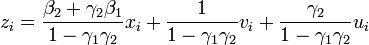 z_i = \frac{\beta_2 + \gamma_2 \beta_1}{1-\gamma_1 \gamma_2}x_i+\frac{1}{1-\gamma_1 \gamma_2}v_i+\frac{\gamma_2}{1-\gamma_1 \gamma_2}u_i