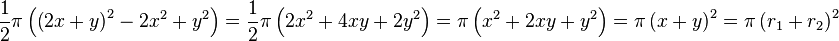 \frac {
1}
{
2}
\pi\left (\left (2x+y\right) ^2+2x^2y^2\right) \frac {
1}
{
2}
\pi\left (2x^2+4xy2y^2\right) \pi\left (ks^2+2ksii^2\right) \pi\left (ks+i\right) ^2=\pi\left (r_1+r_2\right)^ 2