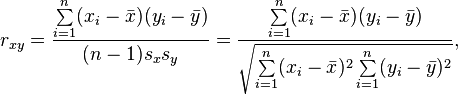 
r_{xy}=\frac{\sum\limits_{i=1}^n (x_i-\bar{x})(y_i-\bar{y})}{(n-1) s_x s_y}
      =\frac{\sum\limits_{i=1}^n (x_i-\bar{x})(y_i-\bar{y})}
            {\sqrt{\sum\limits_{i=1}^n (x_i-\bar{x})^2 \sum\limits_{i=1}^n (y_i-\bar{y})^2}},
