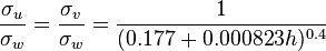 \frac {
\sigma_u}
{
\sigma_w}
\frac {
\sigma_v}
{
\sigma_w}
\frac {
1}
{
(0.177+0.000823h)^ {
0.4}
}