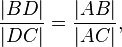 {
\frac {
|
Bd |}
{
|
Dc|
}
}
= {
\frac {
|
AB-|
}
{
|
AC|
}
}
,