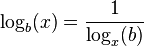 log_b(x) = frac {1}{log_x(b)} ,!