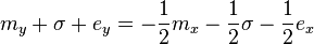 m_y+\sigma+e_y=-\frac{1}{2}m_x-\frac{1}{2}\sigma-\frac{1}{2}e_x