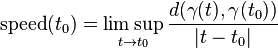 \operatorname {
rapideco}
(t_0) \limsup_ {
t\to t_0}
{
d (\gamma (t), \gamma (t_0)) \over|
t-t_0 |}