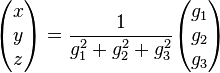 \begin {
pmatriks}
ks\ i\ z\end {
pmatriks}
= \frac {
1}
{
g_1^2-+ g_2^2-+ g_3^2}
\begin {
pmatriks}
g_1\-g_2\ g_3\end {
pmatriks}