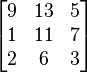 \begin{bmatrix} 9 & 13 & 5 \\ 1 & 11 & 7 \\ 2 & 6 & 3 \end{bmatrix}