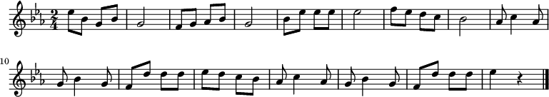 
\relative e'' {
 \key es \major
 \time 2/4
 es8 bes g bes g2 f8 g as bes g2
 bes8 es es es es2 f8 es d c bes2
 as8 c4 as8 g bes4 g8 f d' d d es d c bes
 as8 c4 as8 g bes4 g8 f d' d d es4 r
 \bar "|."
 }
